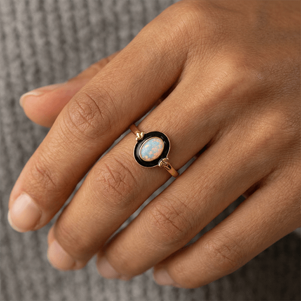 Retro Opal Yellow Gold Black Oval Cabochon Cut Engagement Ring