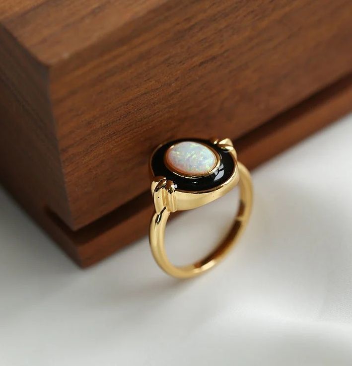 Vintage Golden Oval Cut White Opal Engagement Ring For Women Belovegrace