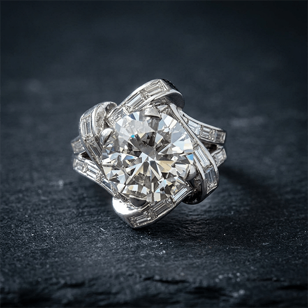 Art Deco Geometric Frame Round & Baguette Cut Cocktail Engagement Ring