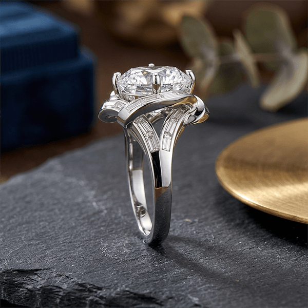 Art Deco Geometric Frame Round & Baguette Cut Cocktail Engagement Ring