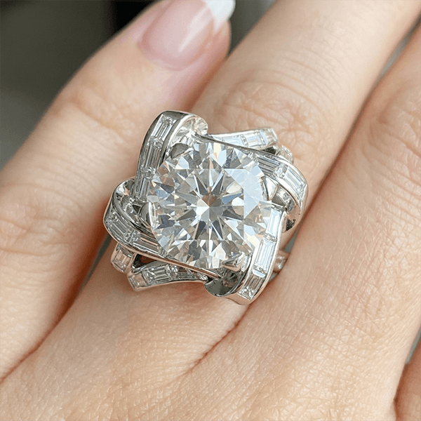 Art Deco Geometric Frame Round & Baguette Cut Cocktail Engagement Ring