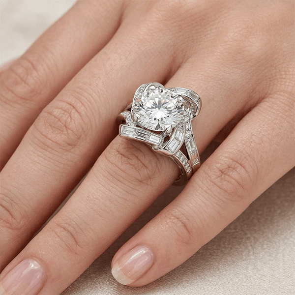 Art Deco Geometric Frame Round & Baguette Cut Cocktail Engagement Ring