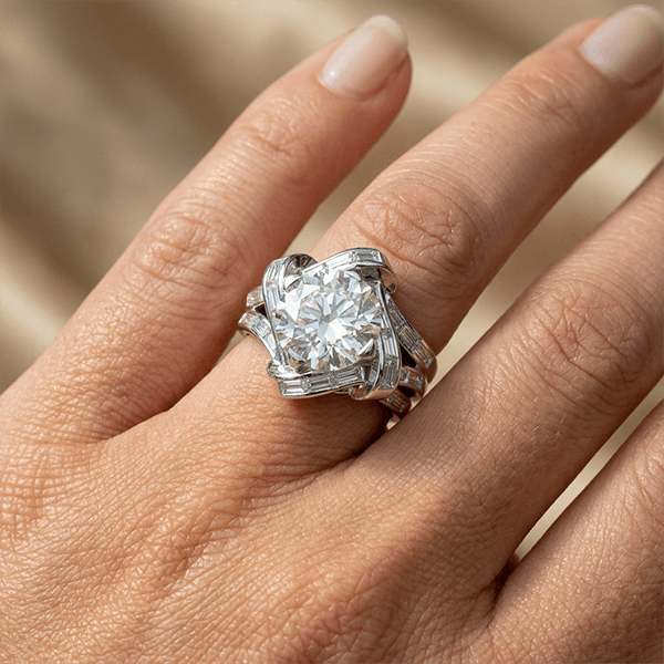 Art Deco Geometric Frame Round & Baguette Cut Cocktail Engagement Ring