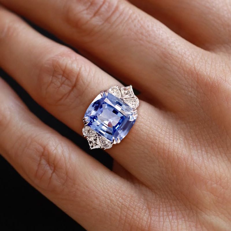 Double Prong Cushion Cut Blue Sapphire Engagement Ring For Women Belovegrace