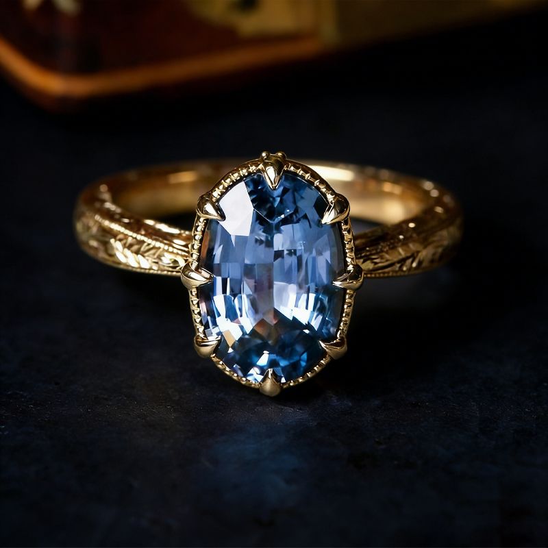 Golden Oval Cut Blue Sapphire Engagement Ring For Women Belovegrace