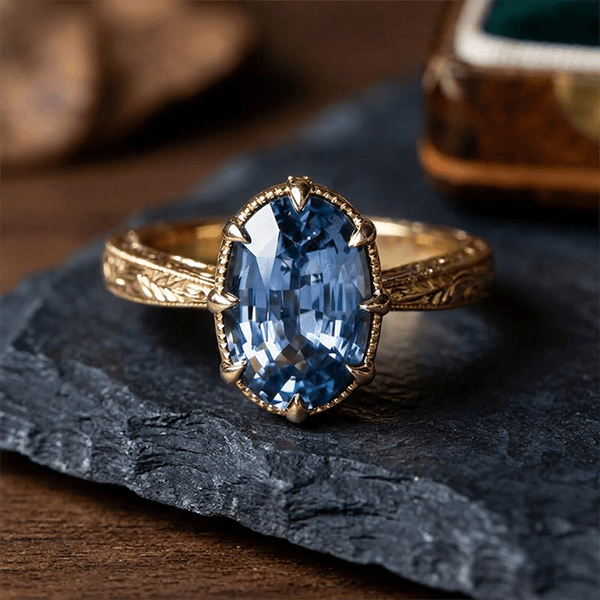 Vintage Claw Prong Design Golden Oval Cut Blue Sapphire Solitaire Engagement Ring