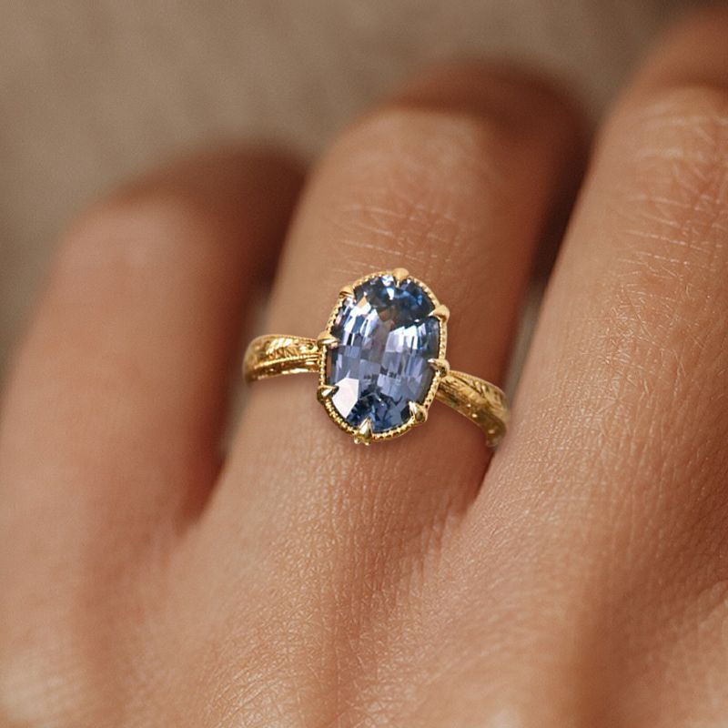 Golden Oval Cut Blue Sapphire Engagement Ring For Women Belovegrace