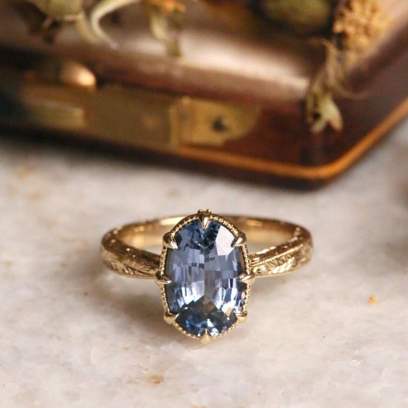 Golden Oval Cut Blue Sapphire Engagement Ring For Women Belovegrace