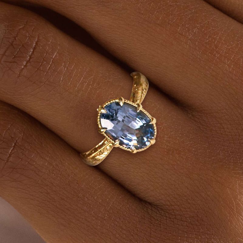 Golden Oval Cut Blue Sapphire Engagement Ring For Women Belovegrace