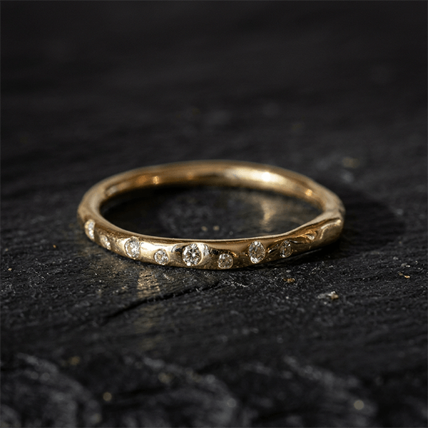 Minimalist Golden Flush Setting Round Cut Stackable Wedding Band Ring