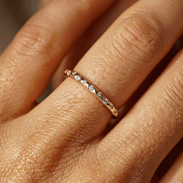 Minimalist Golden Flush Setting Round Cut Stackable Wedding Band Ring