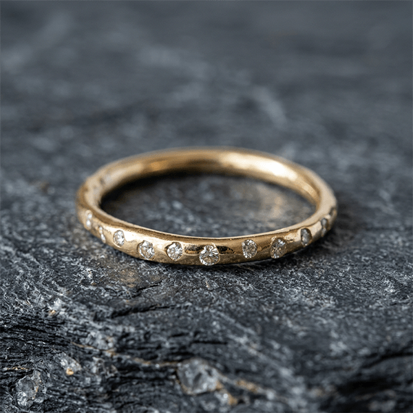 Minimalist Golden Flush Setting Round Cut Stackable Wedding Band Ring