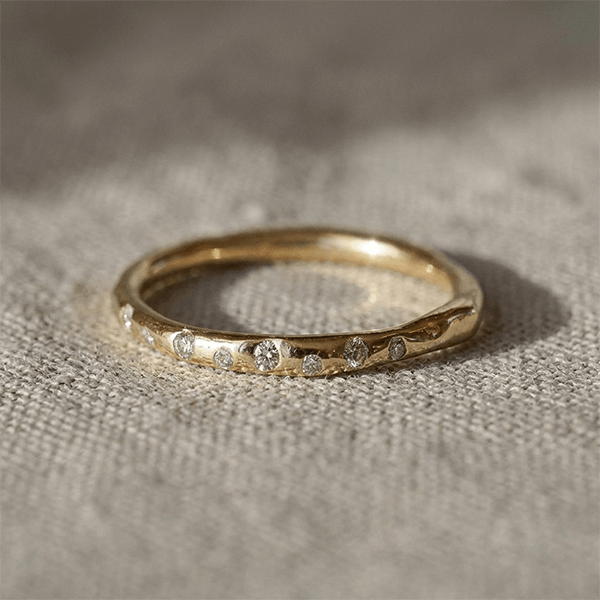 Minimalist Golden Flush Setting Round Cut Stackable Wedding Band Ring