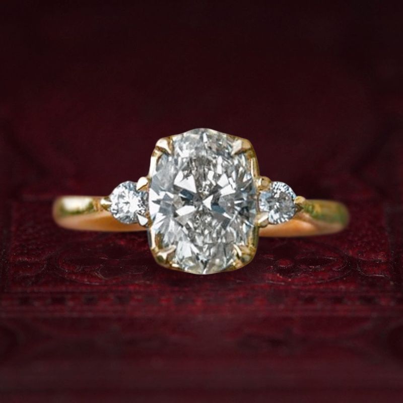 Three Stone Golden Oval Cut White Sapphire Engagement Ring For Women Belovegrace