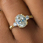 Three Stone Golden Oval Cut White Sapphire Engagement Ring For Women Belovegrace
