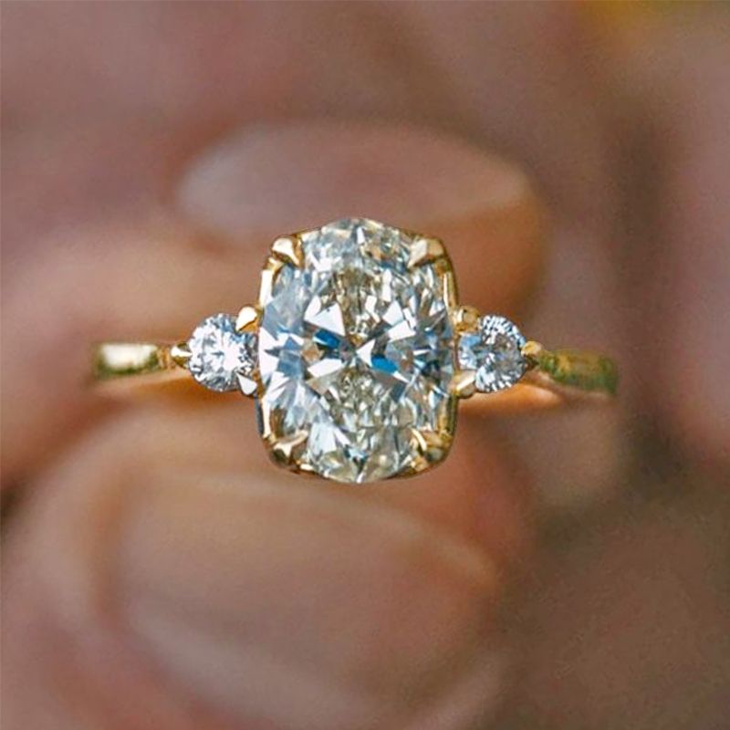 Three Stone Golden Oval Cut White Sapphire Engagement Ring For Women Belovegrace