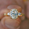 Three Stone Golden Oval Cut White Sapphire Engagement Ring For Women Belovegrace