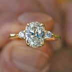 Three Stone Golden Oval Cut White Sapphire Engagement Ring For Women Belovegrace