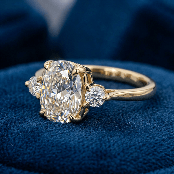 Classic Three Stone Oval Cut White Sapphire Engagement Ring In Yellow Gold