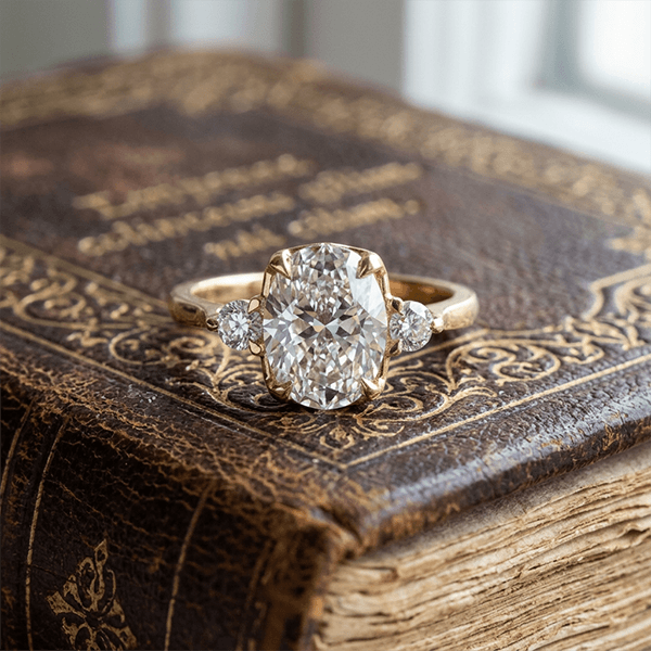 Classic Three Stone Oval Cut White Sapphire Engagement Ring In Yellow Gold