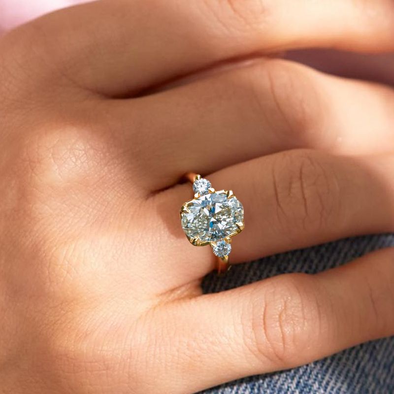 Three Stone Golden Oval Cut White Sapphire Engagement Ring For Women Belovegrace