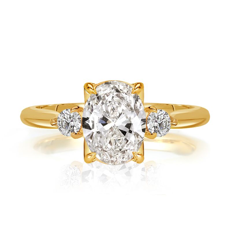 Three Stone Golden Oval Cut White Sapphire Engagement Ring For Women Belovegrace