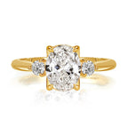Three Stone Golden Oval Cut White Sapphire Engagement Ring For Women Belovegrace