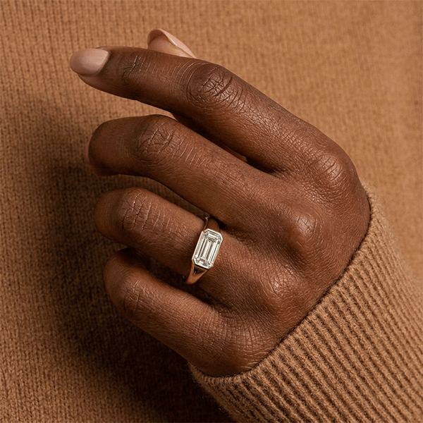 Classic Bezel Setting Emerald Cut Yellow Gold White Sapphire Engagement Ring