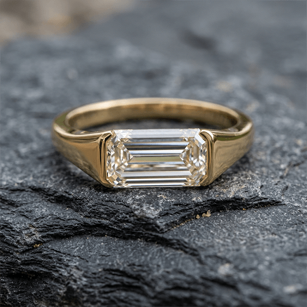 Classic Bezel Setting Emerald Cut Yellow Gold White Sapphire Engagement Ring