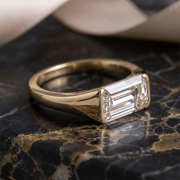 Classic Bezel Setting Emerald Cut Yellow Gold White Sapphire Engagement Ring