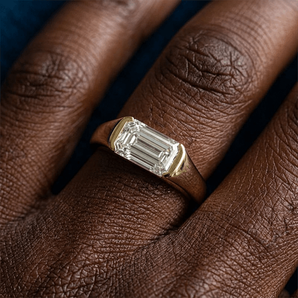 Classic Bezel Setting Emerald Cut Yellow Gold White Sapphire Engagement Ring