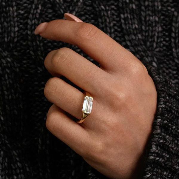 Classic Bezel Setting Emerald Cut White Sapphire Engagement Ring For Women Belovegrace