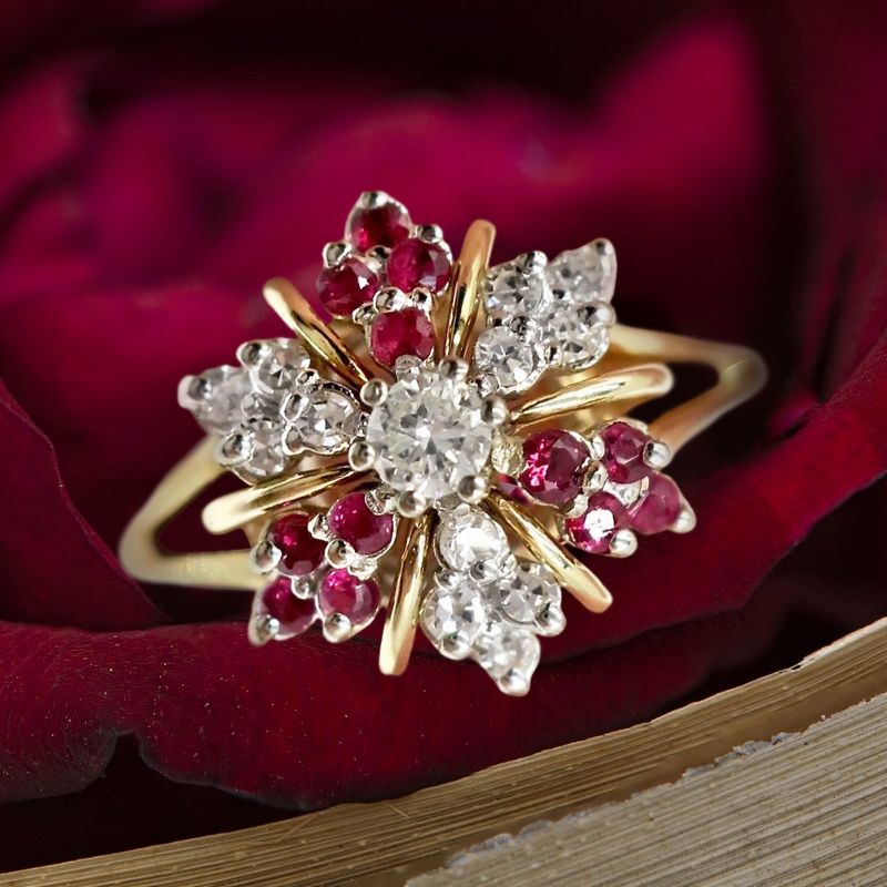 Two Tone Halo White & Ruby Sapphire Round Cut Engagement Ring For Women Belovegrace