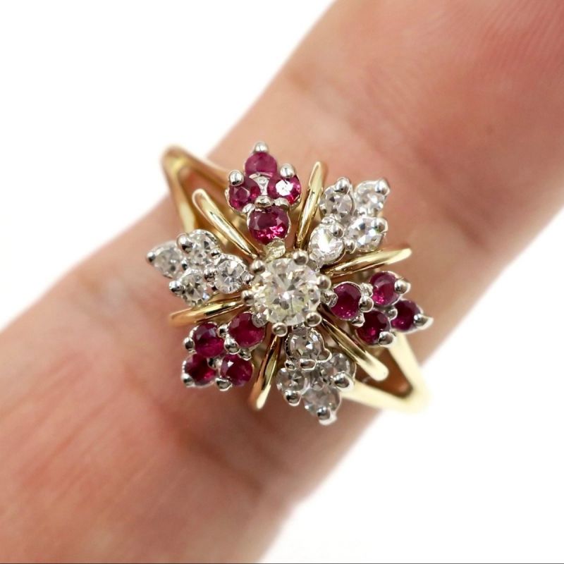 Two Tone Halo White & Ruby Sapphire Round Cut Engagement Ring For Women Belovegrace