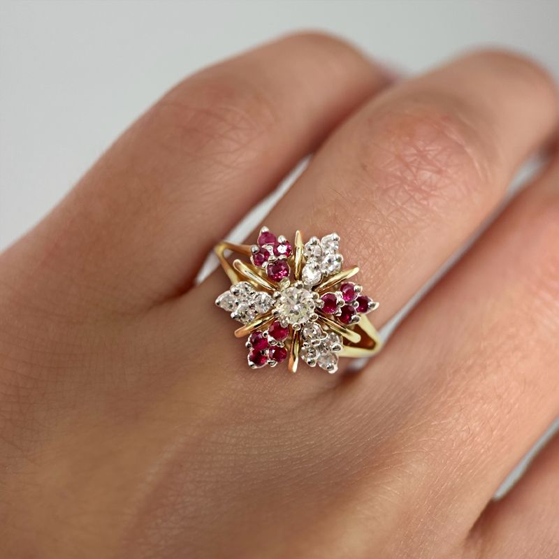 Two Tone Halo White & Ruby Sapphire Round Cut Engagement Ring For Women Belovegrace