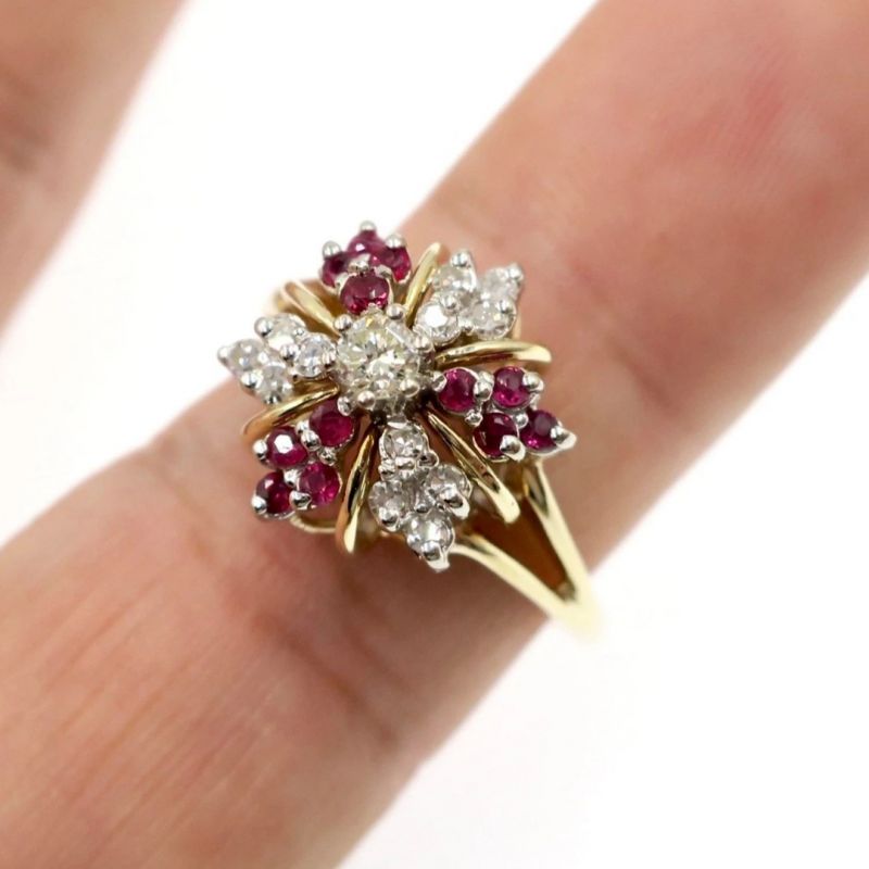 Two Tone Halo White & Ruby Sapphire Round Cut Engagement Ring For Women Belovegrace