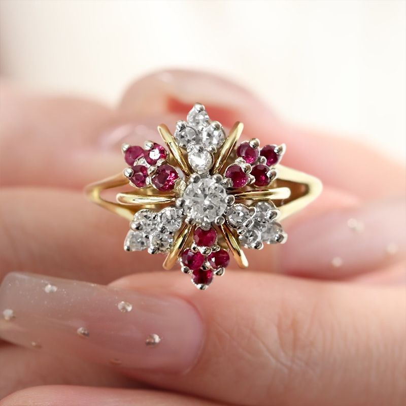 Two Tone Halo White & Ruby Sapphire Round Cut Engagement Ring For Women Belovegrace