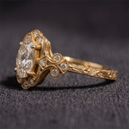 Art Deco Filigree Engraving Oval Cut White Sapphire Engagement Ring In Yellow Gold