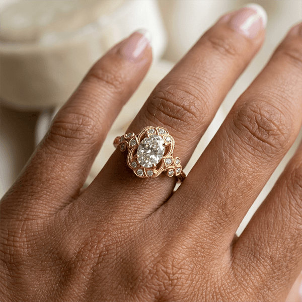 Art Deco Filigree Engraving Oval Cut White Sapphire Engagement Ring In Yellow Gold