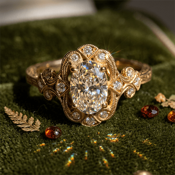 Art Deco Filigree Engraving Oval Cut White Sapphire Engagement Ring In Yellow Gold
