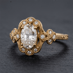 Art Deco Filigree Engraving Oval Cut White Sapphire Engagement Ring In Yellow Gold