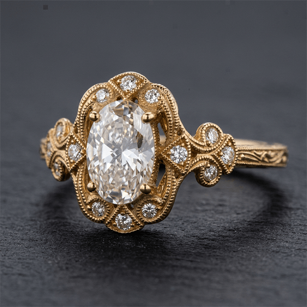 Art Deco Filigree Engraving Oval Cut White Sapphire Engagement Ring In Yellow Gold
