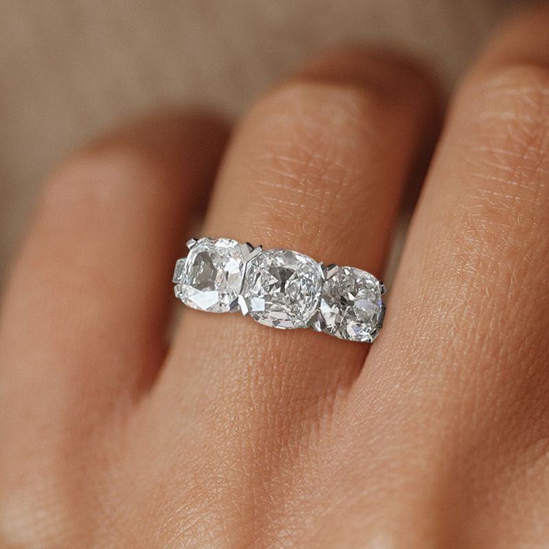 Classic Three Stone Cushion Cut White Sapphire Engagement Ring For Women Belovegrace
