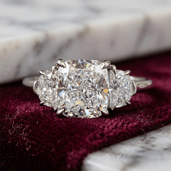 Elegant Three Stone Cushion Cut White Sapphire Engagement Ring