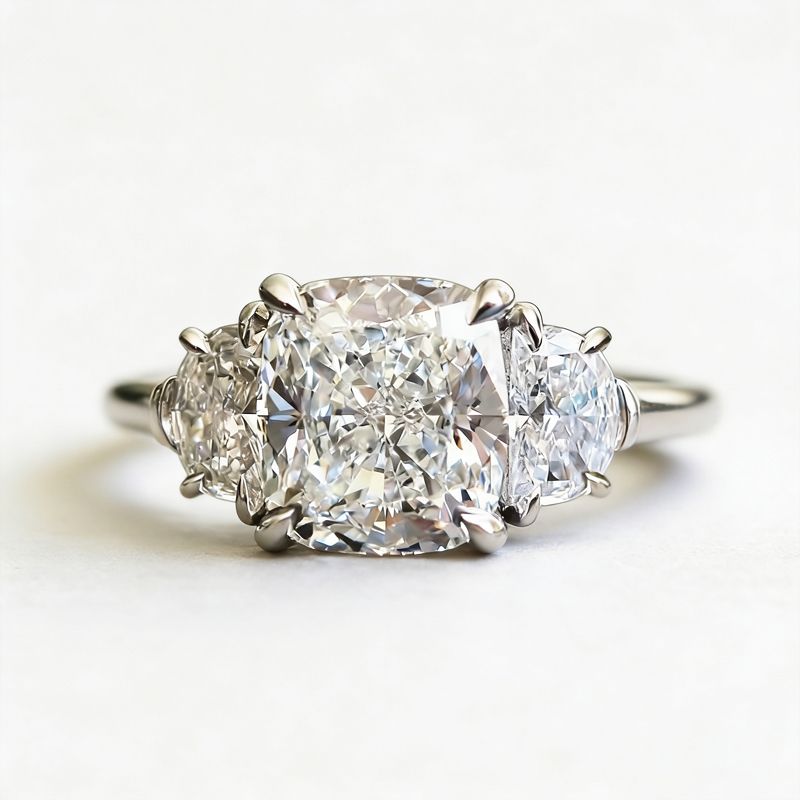 Three Stone Cushion Cut White Sapphire Engagement Ring For Women Belovegrace