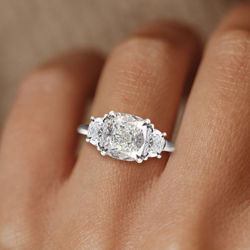 Three Stone Cushion Cut White Sapphire Engagement Ring For Women Belovegrace