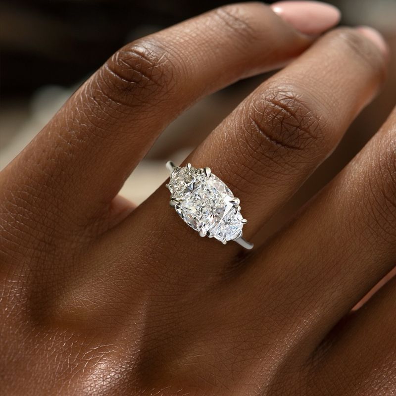 Three Stone Cushion Cut White Sapphire Engagement Ring For Women Belovegrace