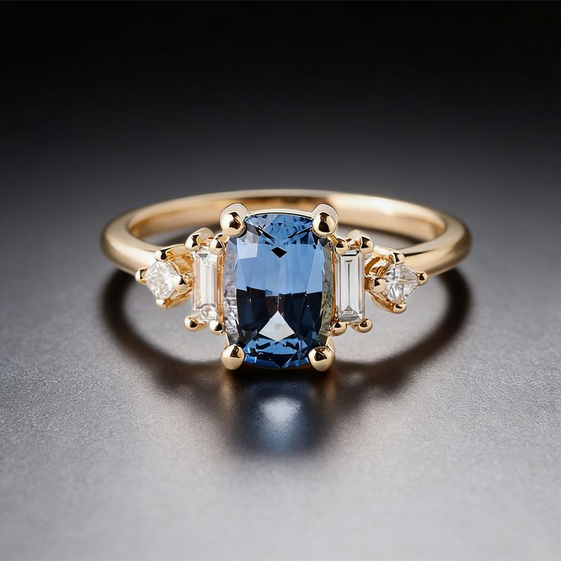 Vintage Golden Cushion Cut Blue Sapphire Engagement Ring For Women Belovegrace