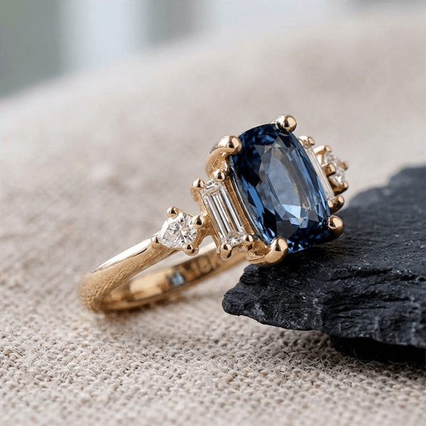 Vintage Three-Stone Cushion Cut London Blue Topaz Engagement Ring