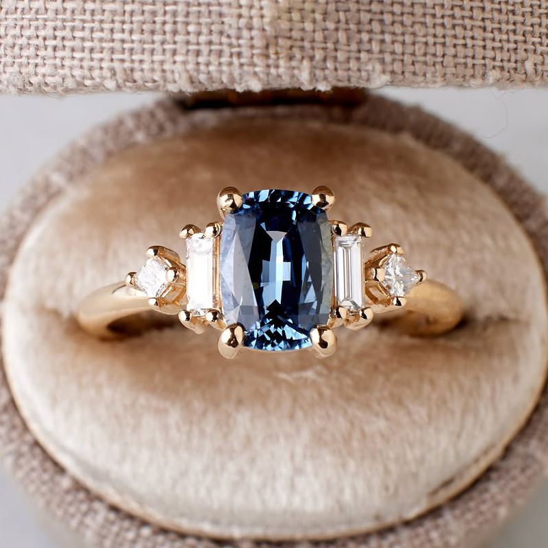 Vintage Golden Cushion Cut Blue Sapphire Engagement Ring For Women Belovegrace